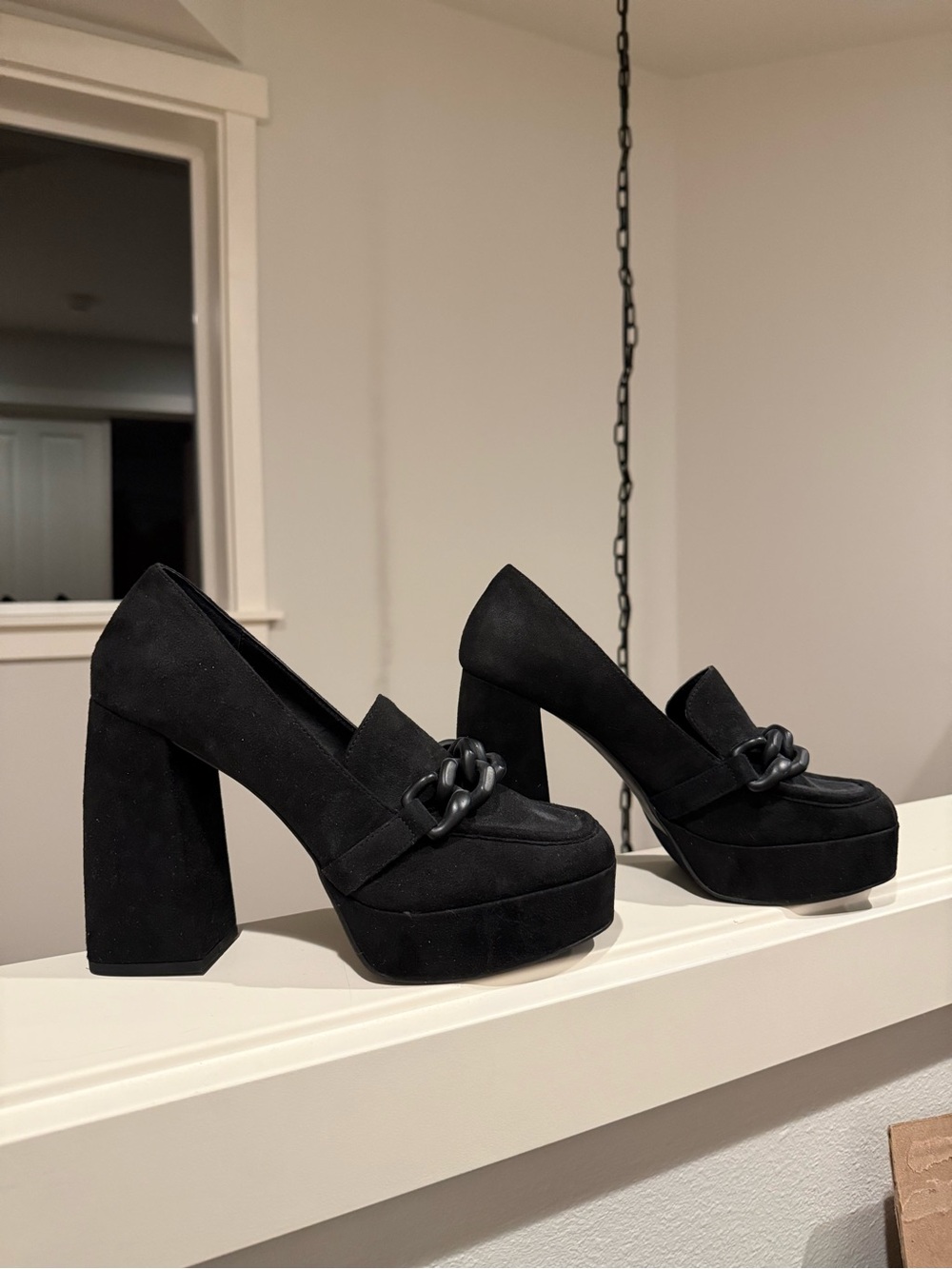 Open Edit Black Platform Block Heel Suede Loafers with Chain Accent